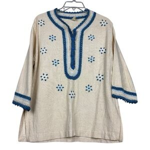 Vintage Cream and Blue Embroidered Blouse